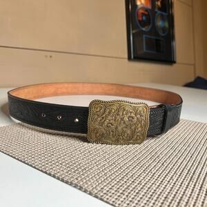 Crumrine Western Leather Belt Floral Engraved Buckle Black Size 40 Men